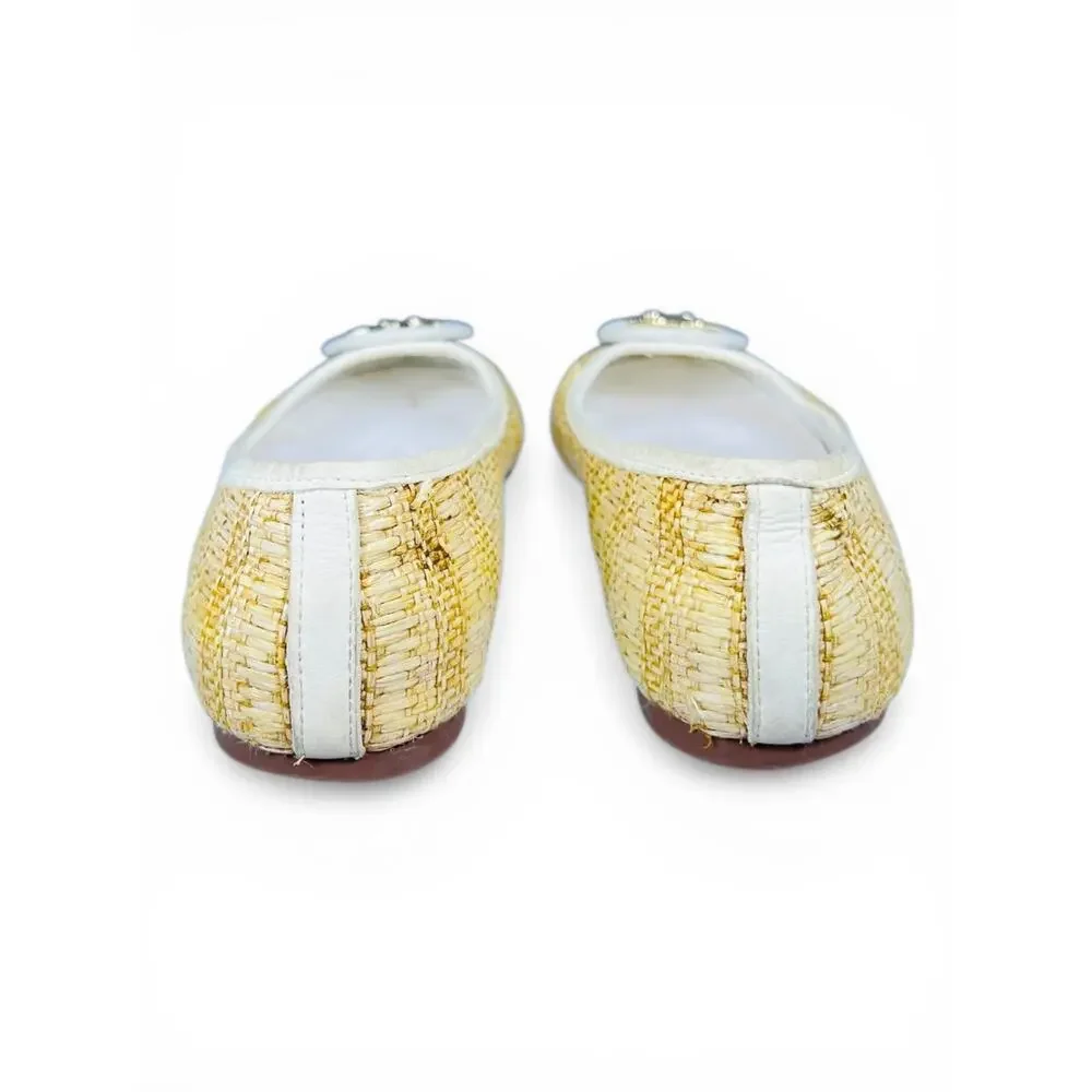 Tory Burch Reva Raffia Ballet Flats Size 7 Natural Woven Gold Logo